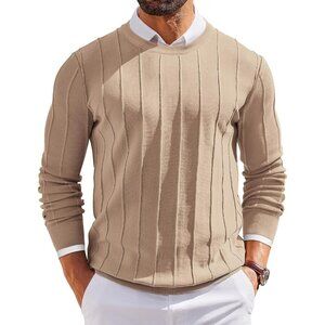 Men’s Crew Neck Sweater Long Sleeve Ribbed Knit Slim Fit Pullover Khaki Dress